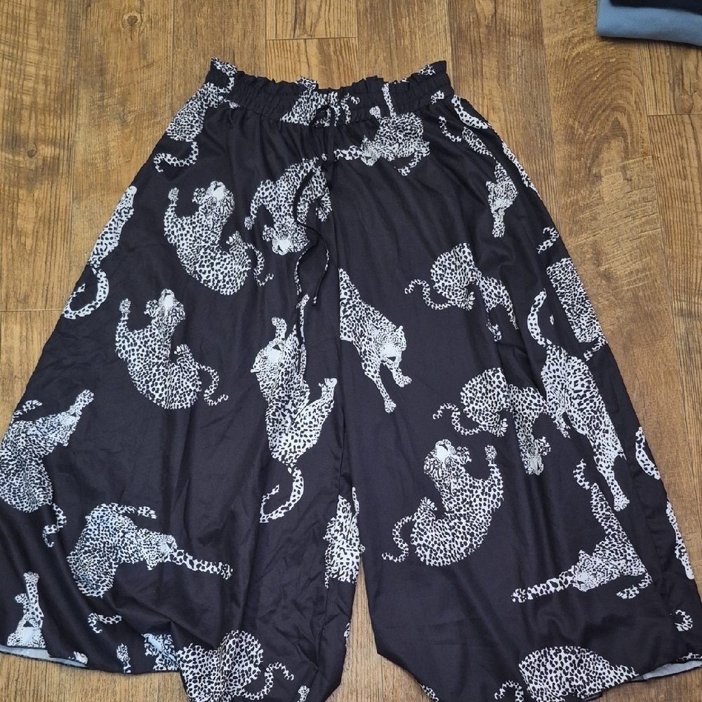 Black Wide Leg Pants with White Leopard Print